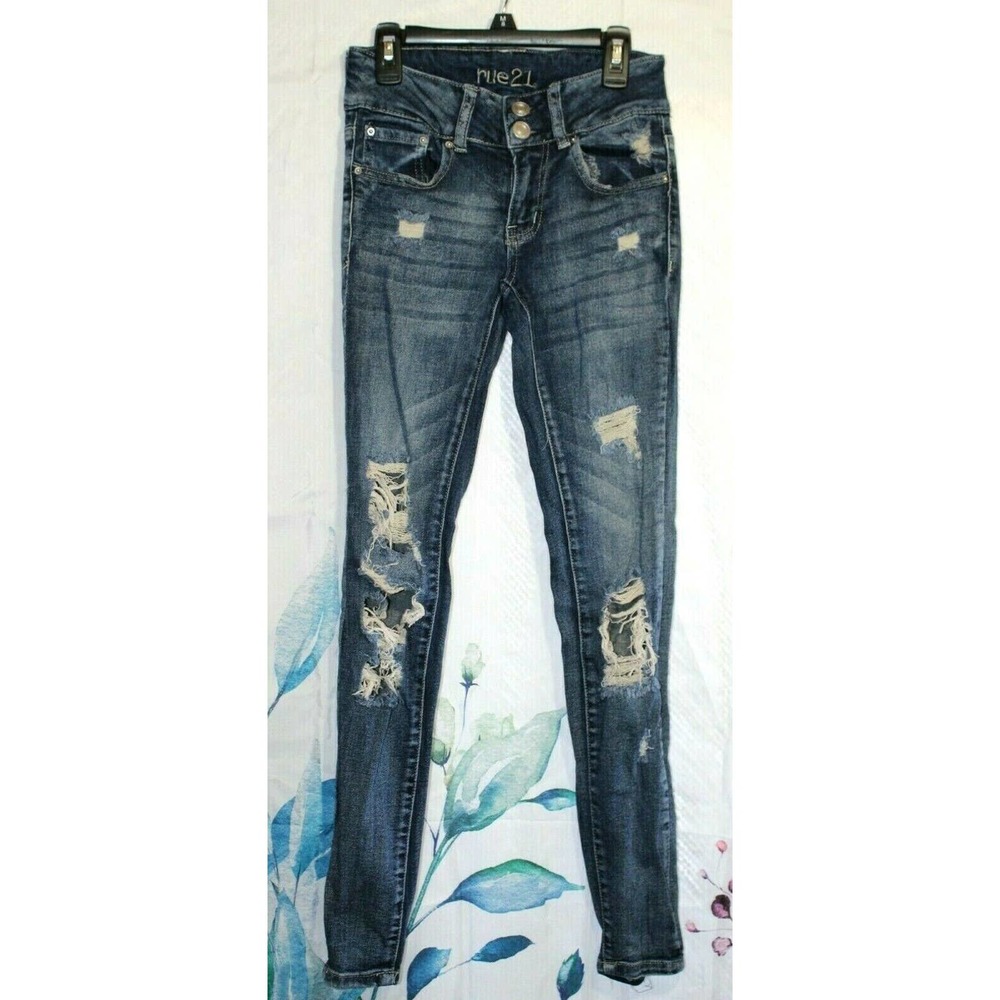 Women's Rue21 Dark Wash Distressed Mid Rise Jegging Denim Jeans Size 0 Stretch